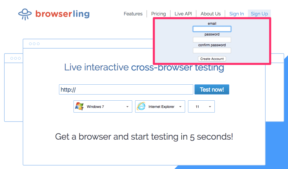 browserling signup form